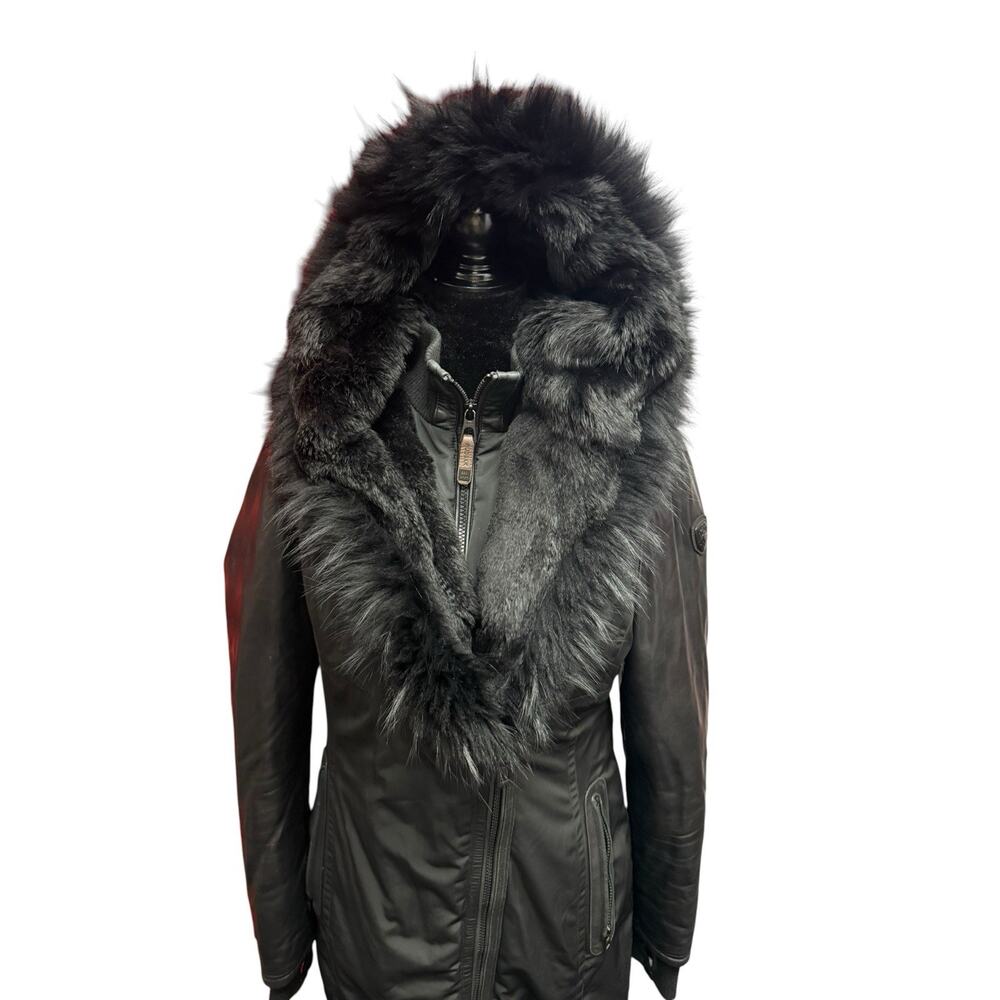 RUDSAK Grace Black Down Puffer Coat M Genuine Leather Sleeves Real Fur Parka - Picture 6 of 15